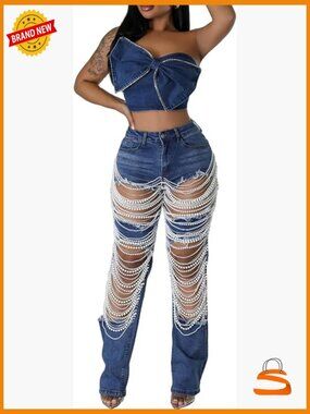 High Waisted Ripped Jeans with Rhinestones and Pearl Chains